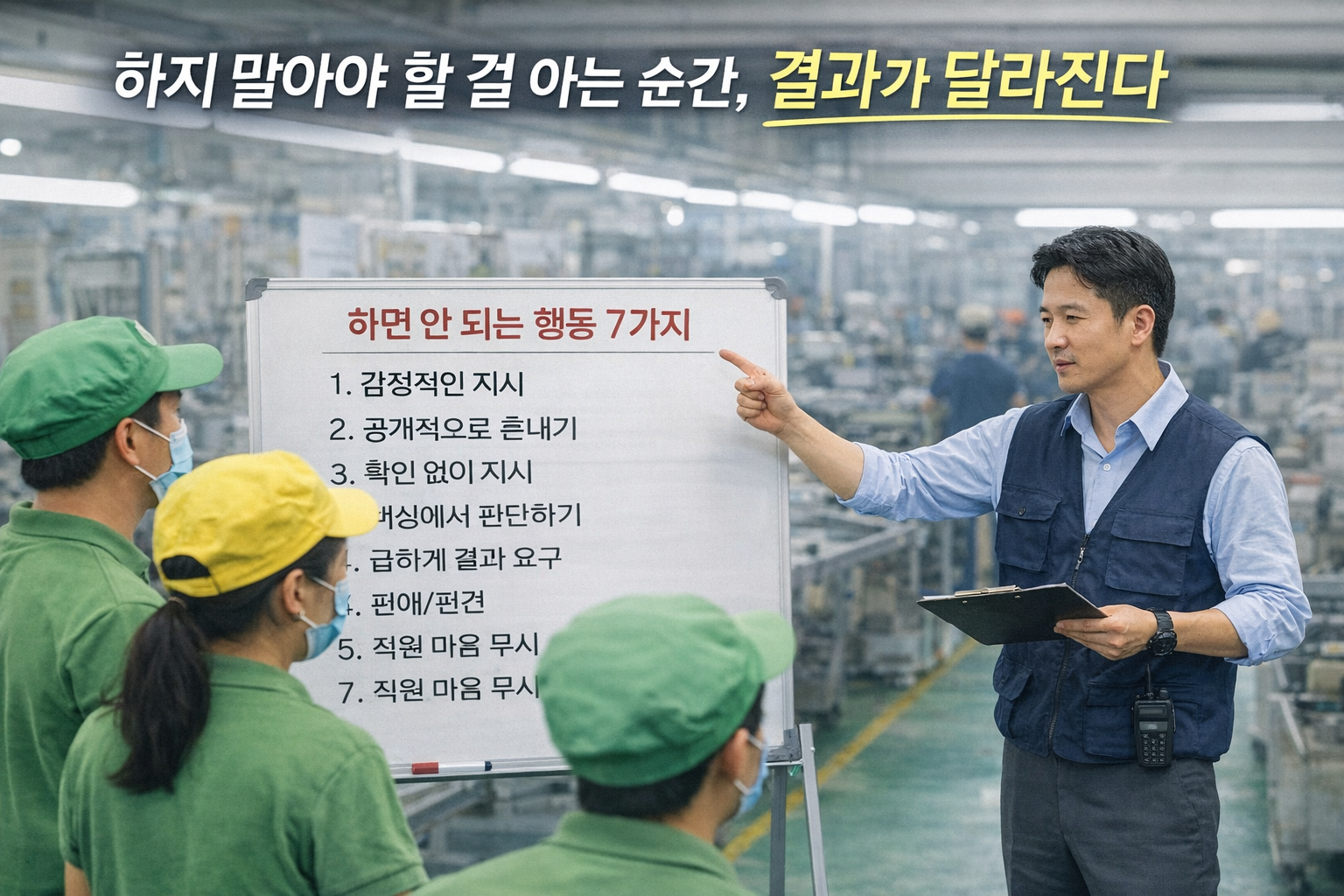 베트남 공장에서 관리자 교육을 진행하며 직원들에게 주의사항을 설명하는 한국인 관리자 모습
