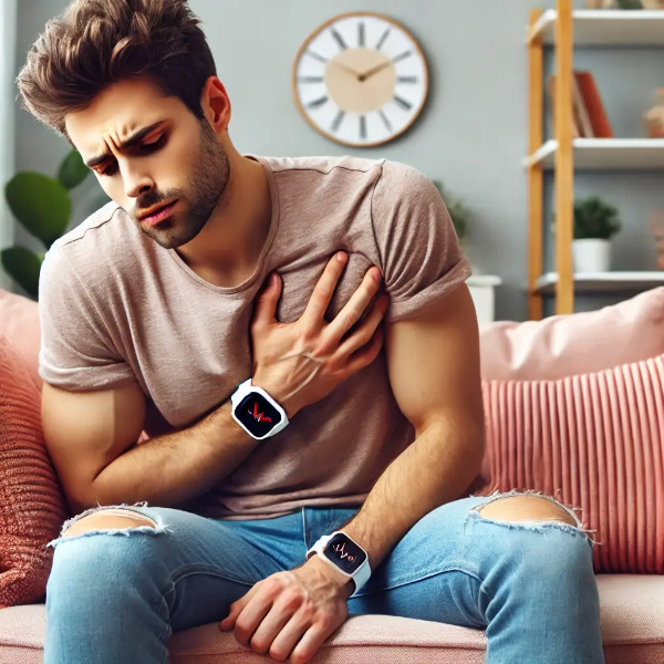 소파에 앉아 가슴을 부여잡고 불편함을 느끼는 스마트워치 착용 젊은 남성의 초고해상도 사진