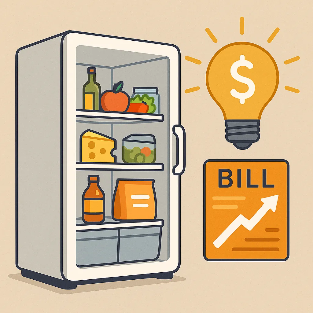 냉장고-문을-자주-열면-전기요금이-얼마나-늘어날까를-상징적으로-표현한-일러스트-이미지로-열린-냉장고와-전기요금-상승을-묘사