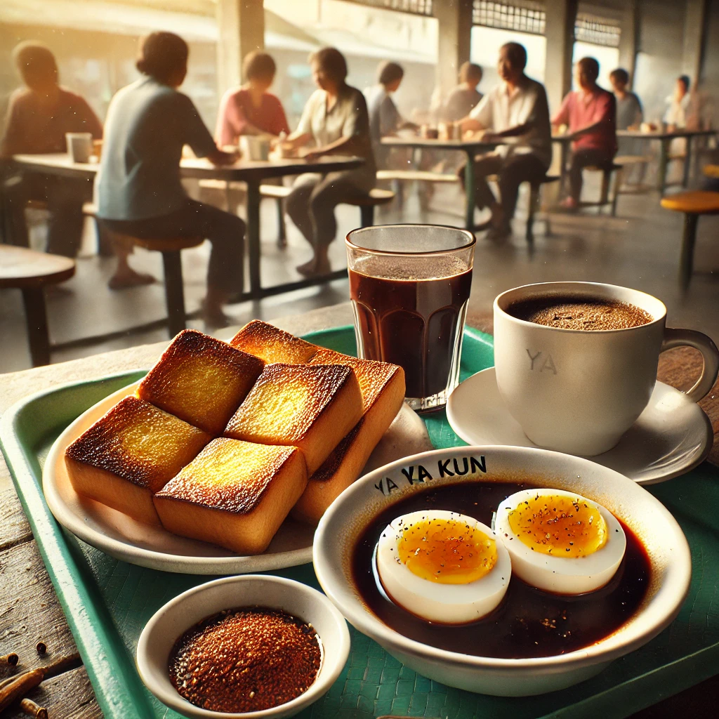 야쿤 카야토스트 세트, 호커센터 아침 풍경, 싱가포르식 커피와 반숙 계란이 함께한 조식 이미지