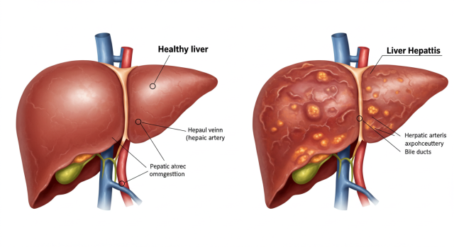 간염으로 손상된 간과 건강한 간 비교