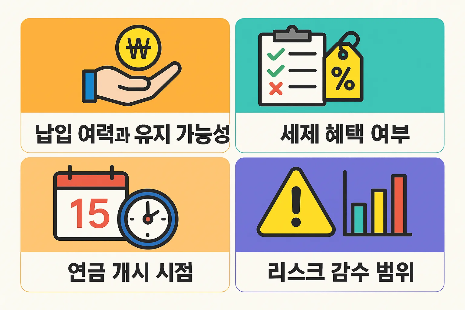 납입 여력, 세제혜택 여부, 연금 개시 시점, 리스크 관리 범위 등 연금보험 가입 전 반드시 고려해야 할 기준을 시각적으로 정리한 인포그래픽.