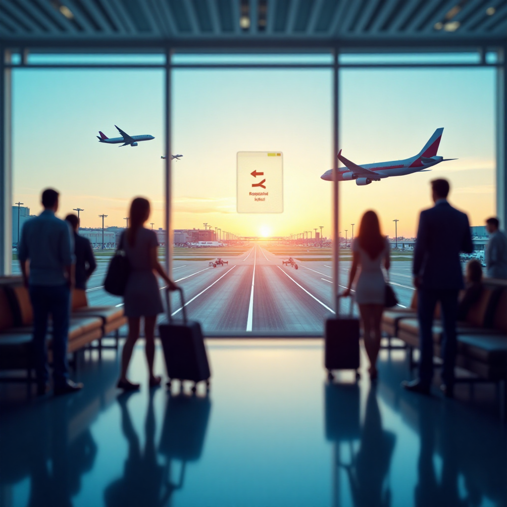 공항 출국장 풍경 활주로, 비행기, 사람들 뒷모습 이미지