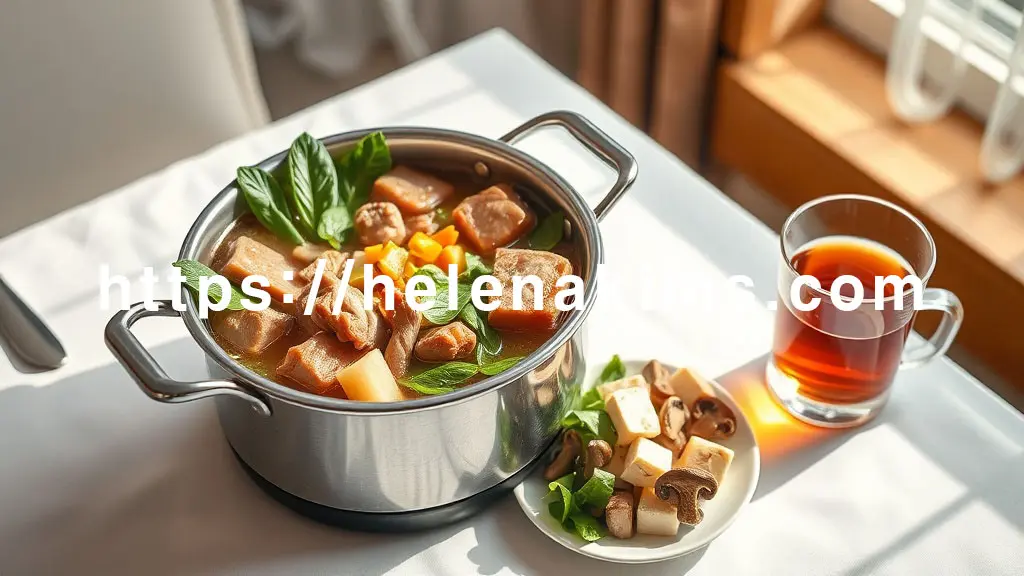 밝고 식탁 위, 김이 모락모락 피어나는 감자탕이 놓여 있다. 푸짐한 살코기와 채소(시래기, 깻잎)가 가득하며, 그 옆에는 밥 대신 버섯과 두부 조각이 담긴 작은 접시가 함께 있다. 식탁 한쪽에는 따뜻한 차 한 잔이 유리잔에 담겨 놓여있는 이미지.