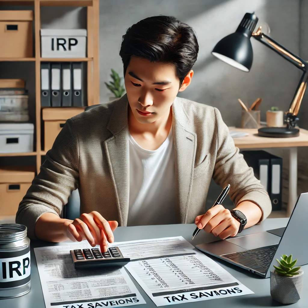 남성(30대)이 책상에서 IRP 납입금 세액공제를 계산하는 모습. 책상에는 계산기&amp;#44; 노트북&amp;#44; 금융 문서가 놓여 있음