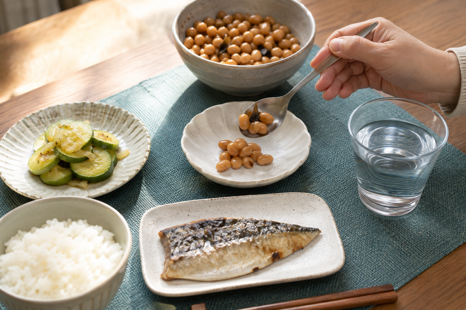 밥·생선·채소 반찬을 유지하며 콩을 작은 접시에 덜어 담는 식사 장면