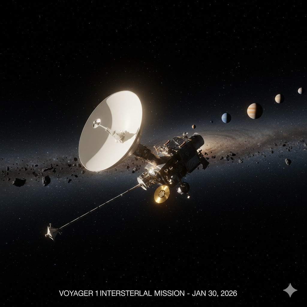 인류 역사상 가장 먼 우주를 탐사 중인 보이저호와 멀리 보이는 태양계 행성들