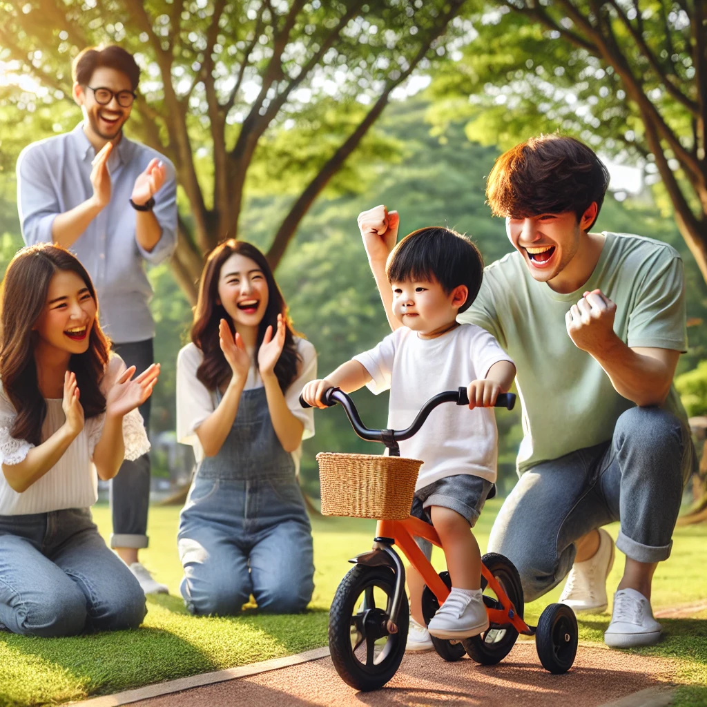 공원에서 아이가 처음 자전거를 성공적으로 타는 장면. 부모는 박수를 치며 기쁨과 자부심을 표현하고&amp;#44; 주변의 푸른 나무와 햇살이 따뜻한 분위기를 더함.