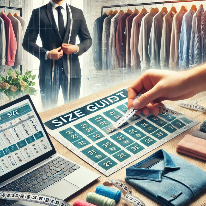 남성정장이있고 책상에 치수가 적혀있는 그림