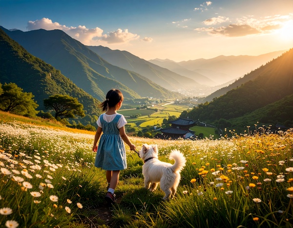 석양 아래 반려견과 나란히 걷는 장면