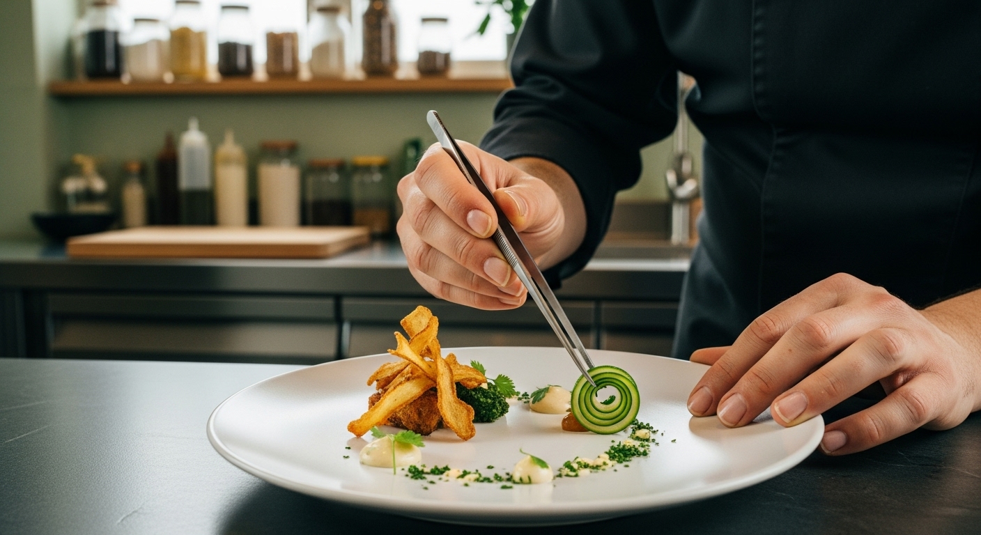 셰프가 채소 부산물을 활용한 업사이클링 요리를 섬세하게 플레이팅하는 모습. 친환경 주방 배경.