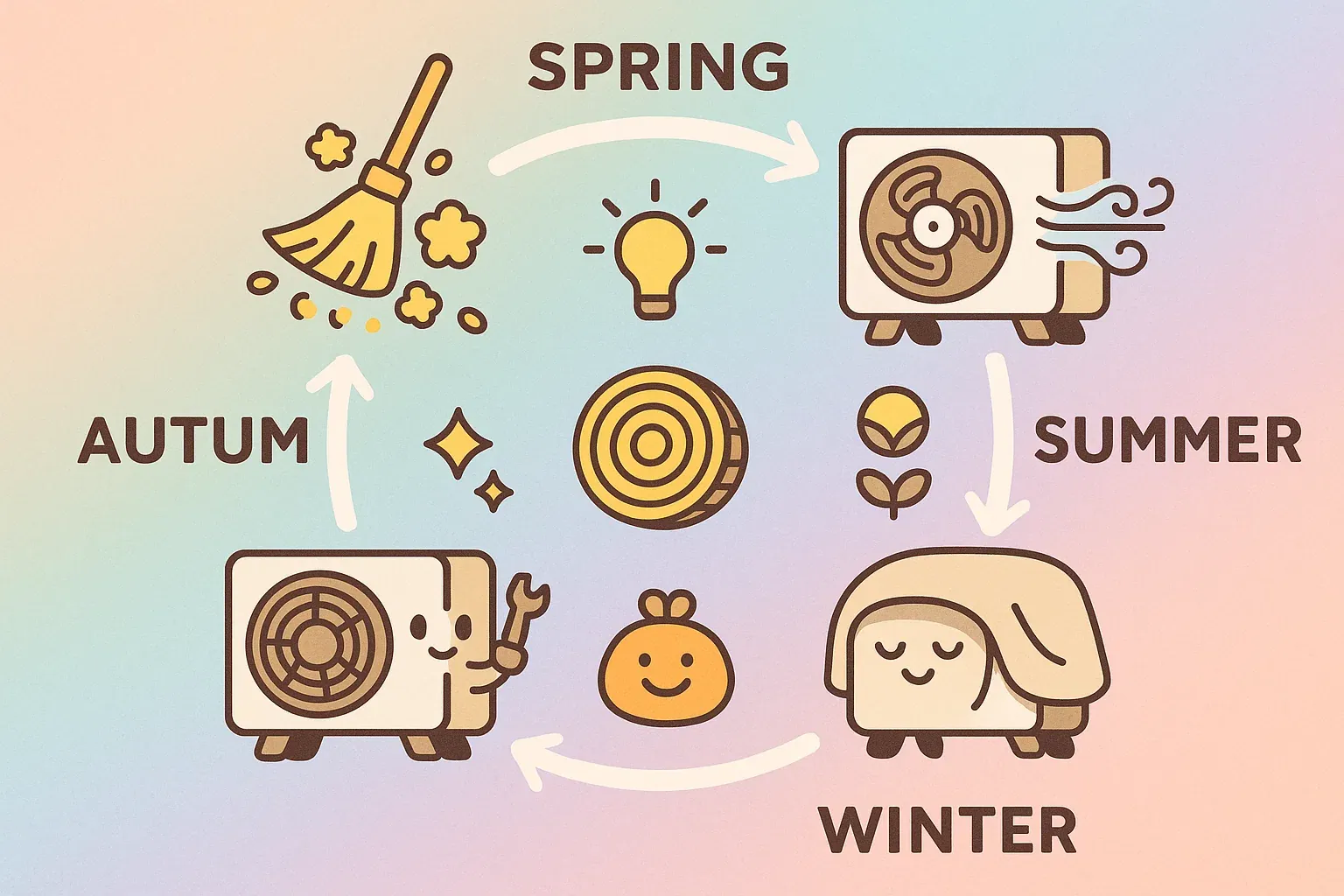 사계절 에어컨 관리 흐름을 상징하는 귀여운 아이콘과 캐릭터가 담긴 파스텔톤 인포그래픽 이미지