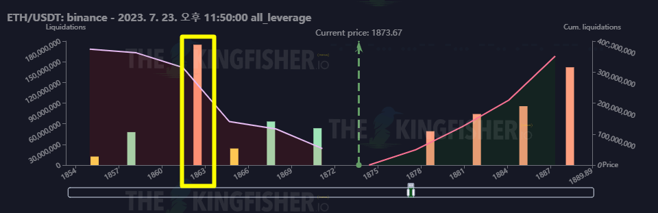 이더리움 청산맵 자료
롱포지션 청산 그래프를 강조하였음