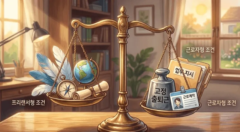 프피랜서 vs 근로자: 따뜻한 햇살이 비치는 아늑한 서재를 배경으로 한 회화적 사실주의 일러스트입니다. 중앙에는 고풍스러운 황동 양팔 저울이 놓여 있으며&amp;#44; 각 접시에는 프리랜서와 근로자의 근로 조건을 상징하는 요소들이 배치되어 사용자가 자신의 근로자성을 시각적으로 자가 진단하도록 유도합니다. 왼쪽 접시는 &amp;#39;프리랜서형 조건&amp;#39;으로 묘사되어 깃털&amp;#44; 나침반&amp;#44; 지구본&amp;#44; 두루마리가 가볍게 올려져 있습니다. 반면 오른쪽 접시는 &amp;#39;근로자형 조건&amp;#39;으로 &amp;#39;고정 출퇴근&amp;#39;이라고 쓰인 무거운 추&amp;#44; &amp;#39;업무 지시&amp;#39; 서류철&amp;#44; &amp;#39;근로계약&amp;#39; 사원증이 놓여 있어 저울이 이쪽으로 무겁게 기울어져 있습니다. 프리랜서와 근로자의 실질적인 근로 조건을 비교하여 근로자성을 판단하는 메타포 이미지입니다. 