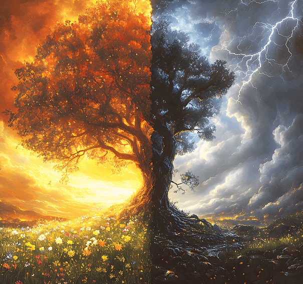 커다란 나무가 있다. 나무의 반은 맑은 날 꽃밭 위에 있고, 반은 천둥번개가 치는 날의 모습이다.