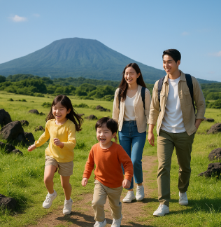 오름에 등산하며 즐거워하는 가족 모습