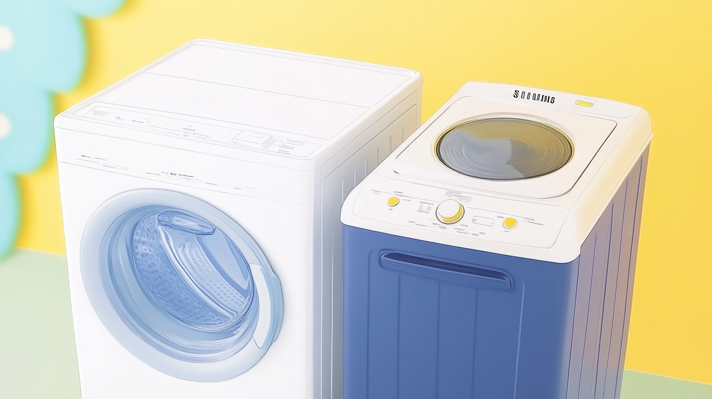 삼성 통돌이 세탁기와 경쟁사 드럼 세탁기의 기능과 차이점을 강조한 비교 일러스트