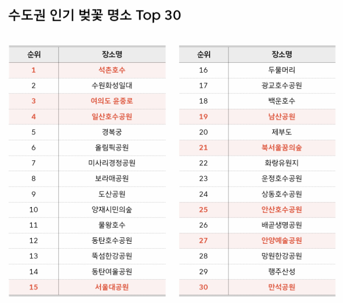 수도권 인기 벚꽃 명소 TOP 30 도표 이미지
