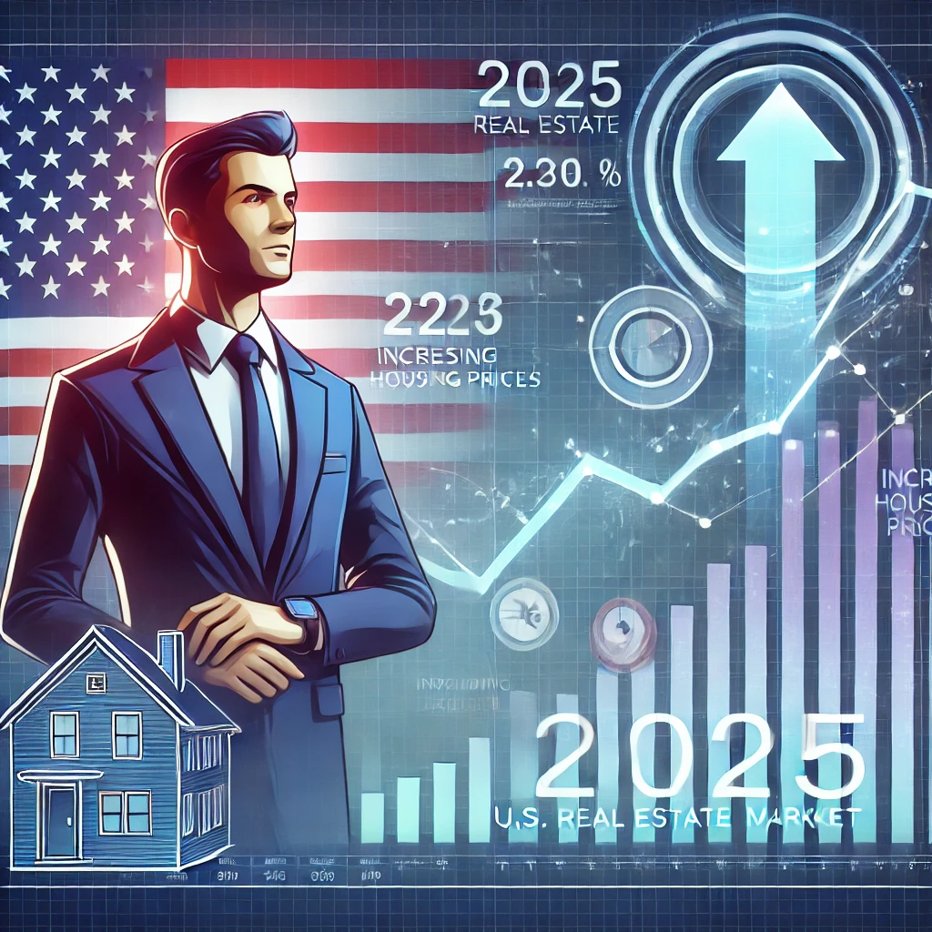 미국 부동산 시장 상승 요인 분석: 미국 국기를 배경으로 부동산 시장의 성장률을 검토하는 전문가.