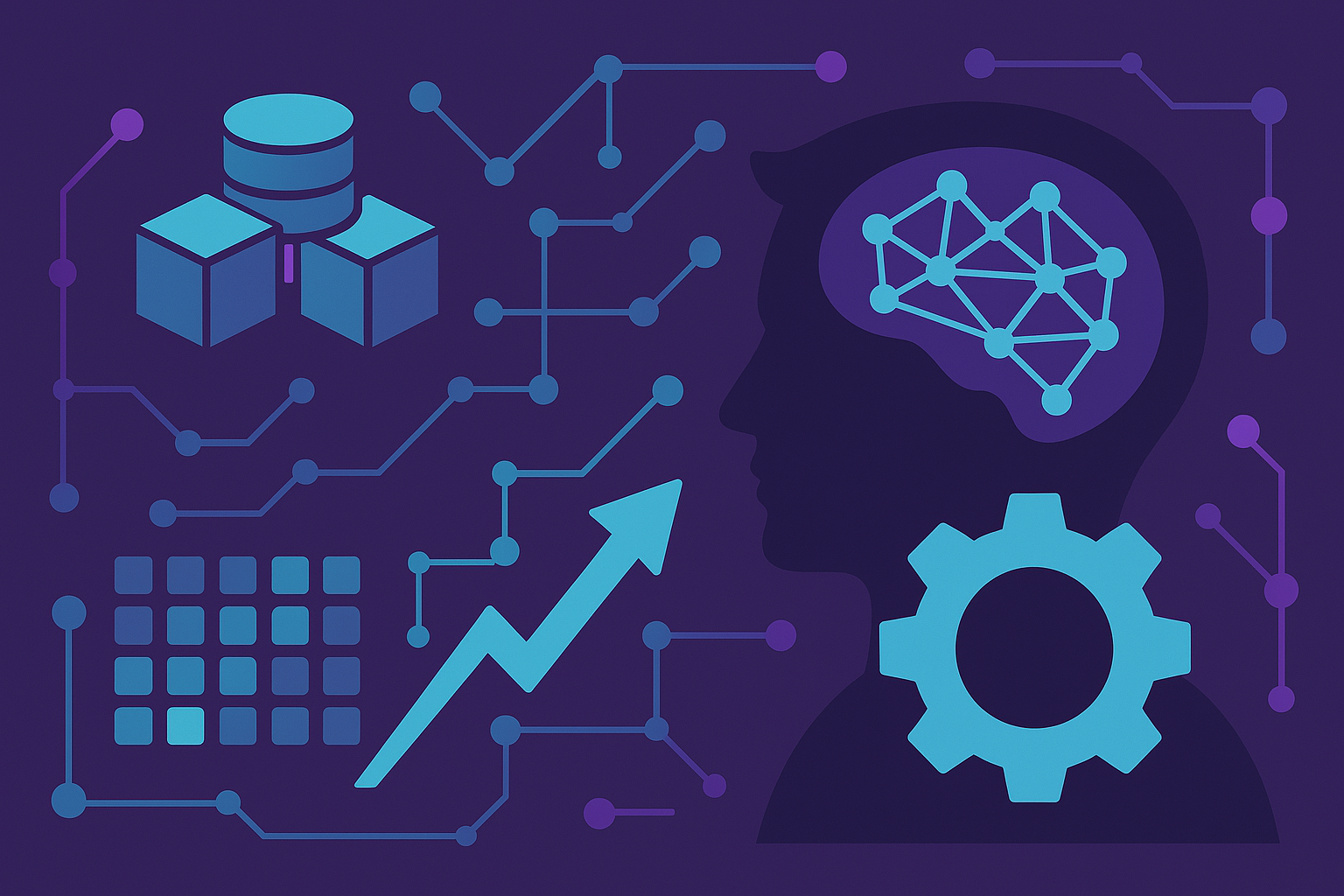 연결된 네트워크 속 AI와 구조적 정보 흐름을 상징한 감성 일러스트