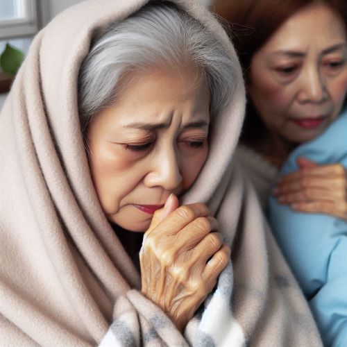 60대 여성이 저체온증으로 담요를 두르고 있다.