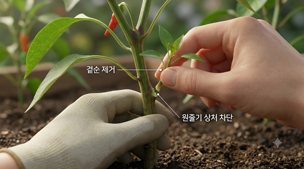 엄지와 검지를 사용해 고추 줄기 겨드랑이의 어린 곁순을 옆으로 비틀어 깔끔하게 따내는 섬세한 동작