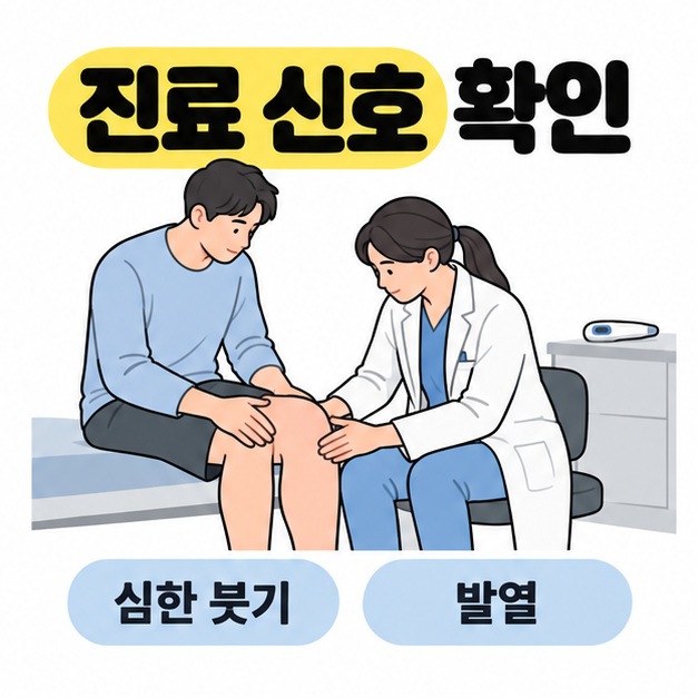 심한 붓기와 발열을 진료 신호로 안내하며 의료진이 환자의 무릎 상태를 확인하는 모습