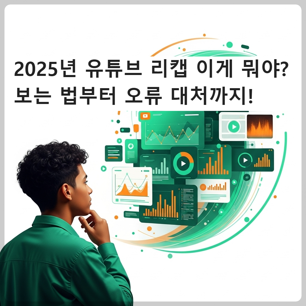 2025년 유튜브 시청 기록을 시각적으로 보여주는 추상적인 그래프와 데이터 분석 이미지. 초록색과 주황색 계열의 색상으로 디지털 흐름과 개인화된 통계를 표현하고 있다.