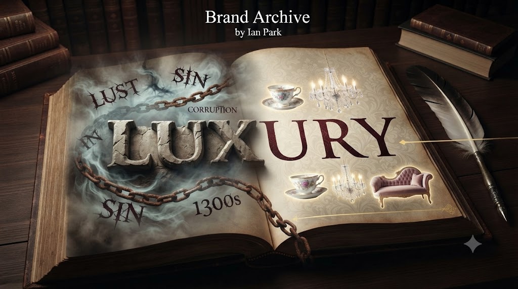 시간의 흐름을 압축한 타이포그래피 이미지입니다. 화면 중앙에는 거대한 영어 단어 'LUXURY'가 낡고 거친 질감으로 박혀 있고, 그 주변으로 1300년대부터 1600년대까지 이 단어가 품었던 'LUST(색욕)', 'SIN(죄악)', 'VICE(방종)'라는 어두운 단어들이 쇠사슬처럼 얽혀 있습니다. 그러나 시간이 흐르며 쇠사슬이 끊어지고, 1700년대 이후의 'LUXURY'는 18세기의 우아한 찻잔, 호화로운 저택, 비단 드레스 이미지들과 어우러지며 현재의 '사치스러운 풍요'라는 긍정적 의미로 탈바꿈합니다.