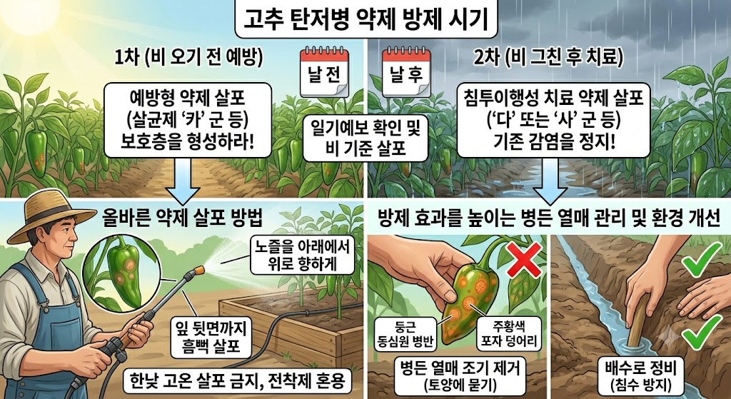 고추밭에서 재배자가 노즐을 아래에서 위로 향하게 하여 고추 열매 아랫부분과 잎 뒷면까지 약제를 꼼꼼하게 뿌리는 올바른 방제 자세를 설명하는 현장 삽화