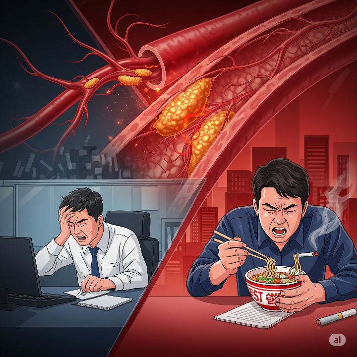 혈관 건강에 해로운 생활 습관과 식단을 보여주는 이미지