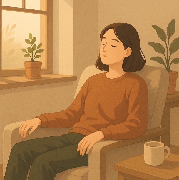 오후 햇살이 비치는 방 안에서 조용히 쉬며 회복하는 사람