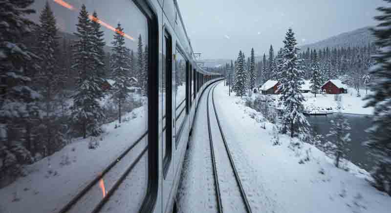 북유럽의 설경을 배경으로 기차가 달리고 있다