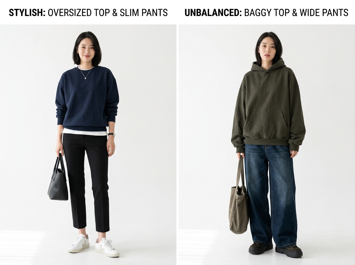 Side-by-side comparison of two outfits, one with oversized top and slim pants looking stylish, one with baggy top and wide pants looking unbalanced, white background