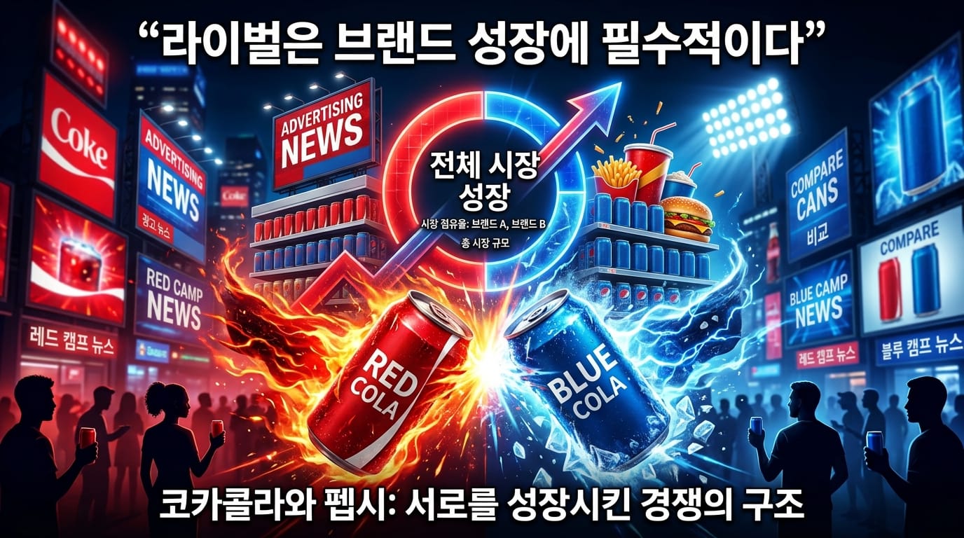 코카콜라와 펩시의 경쟁이 콜라 시장 전체를 키운 구조를 보여주는 인포그래픽\