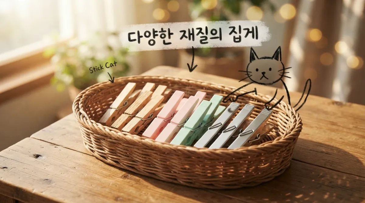 바구니에 정돈되어 담긴 나무, 파스텔 플라스틱, 스테인리스 빨래집게들을 하나하나 가리키며 분류하는 스틱 캣 캐릭터의 사진