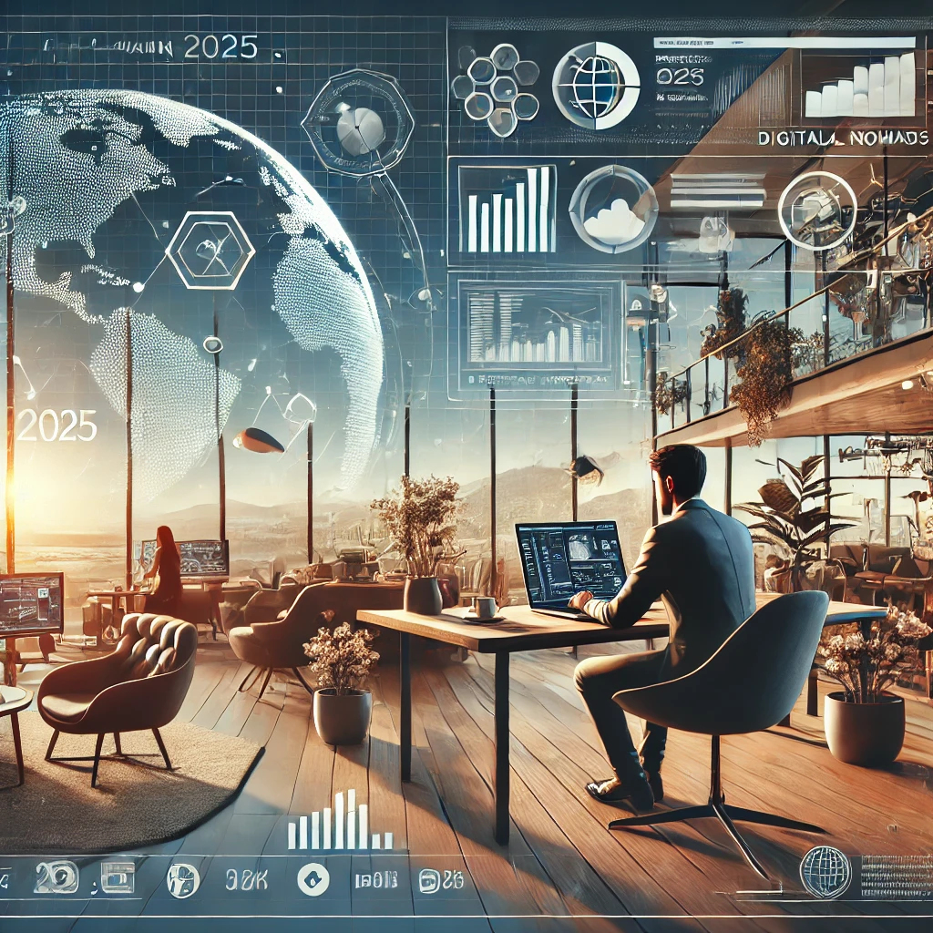"2025년 디지털 노마드를 위한 원격 근무 직업: 프리랜서가 현대적인 카페에서 노트북으로 일하는 모습과 데이터 분석, 소셜 미디어 마케팅, 온라인 협업 툴을 활용하는 디지털 작업 환경"