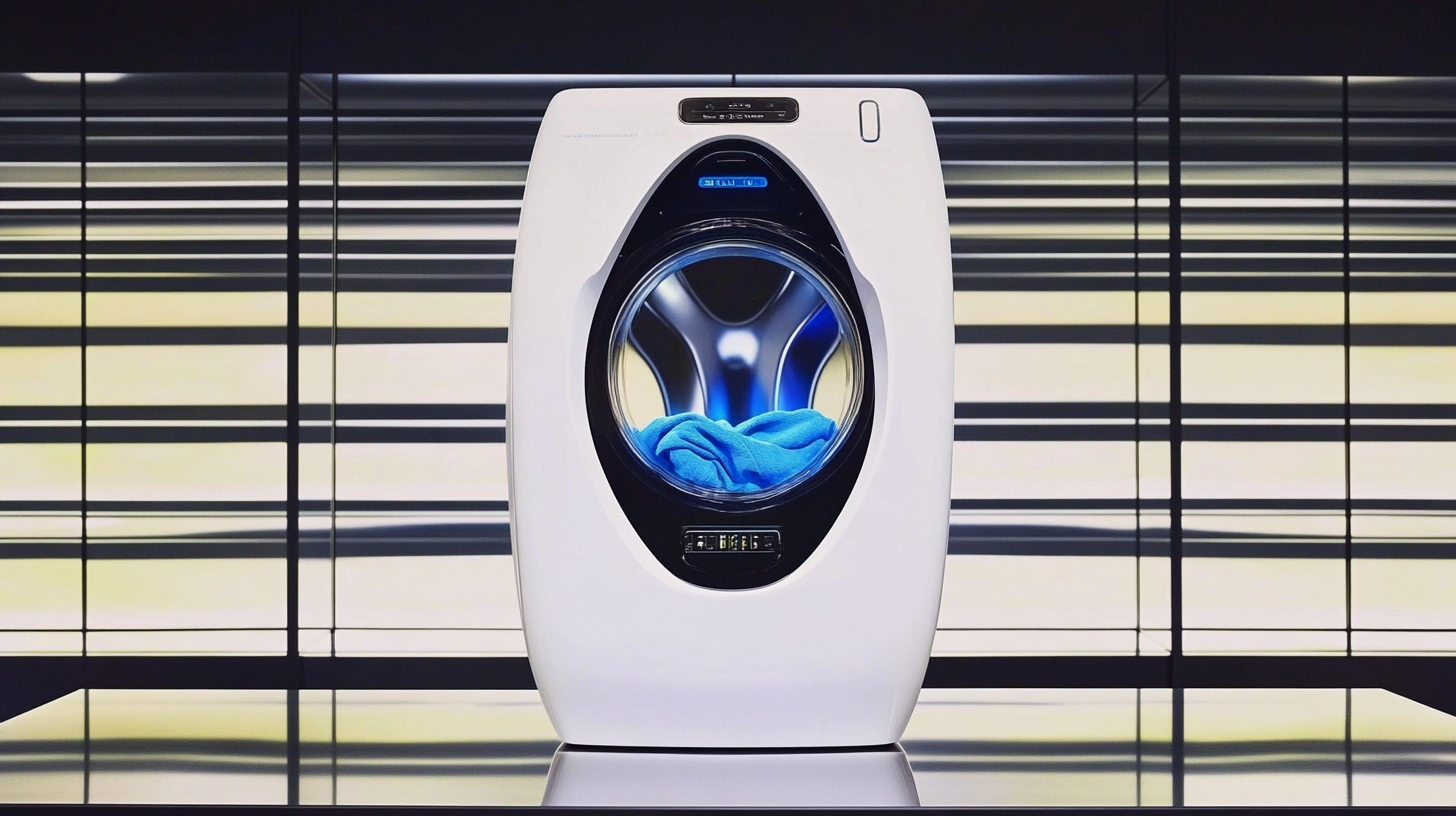 첨단 삼성 세탁기가 고효율적인 환경에서 에너지 절약 기능과 사용자 친화적 인터페이스를 강조하는 이미지를 보여줍니다. 선명하고 생생한 디테일로 촬영된 이미지입니다.