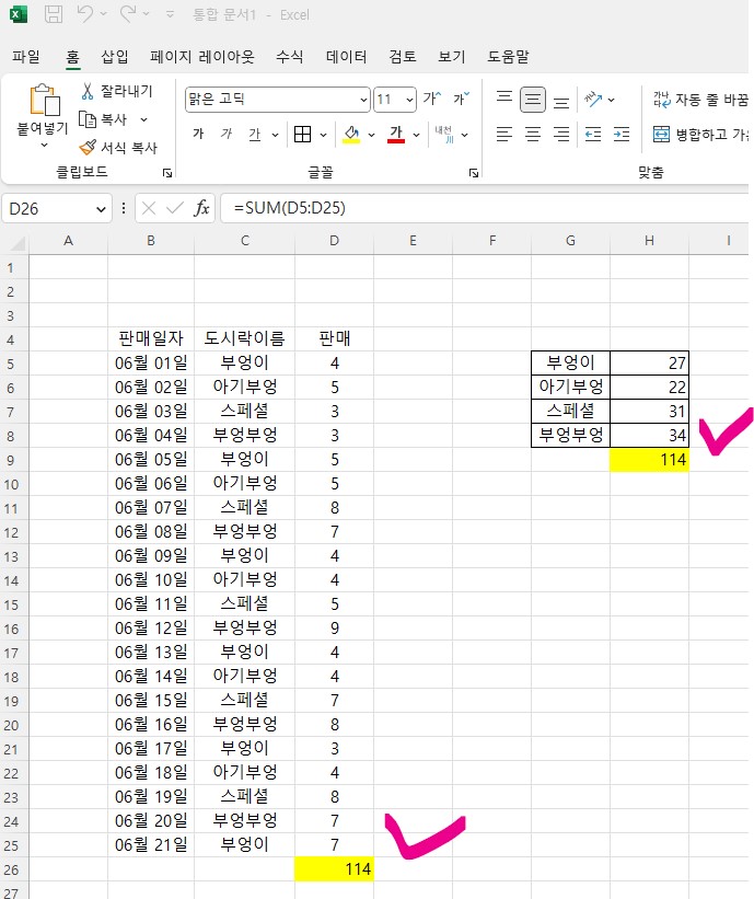 Sumif 함수 실제 사용 방법