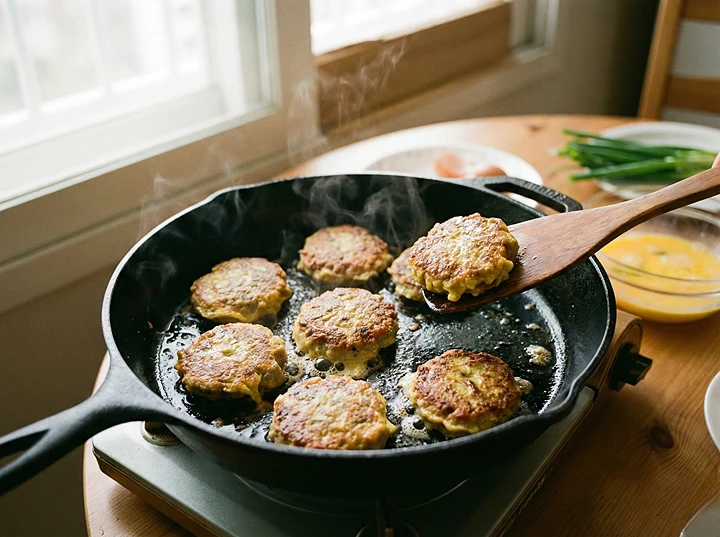 팬에서 동그랑땡을 중약불로 굽는 모습