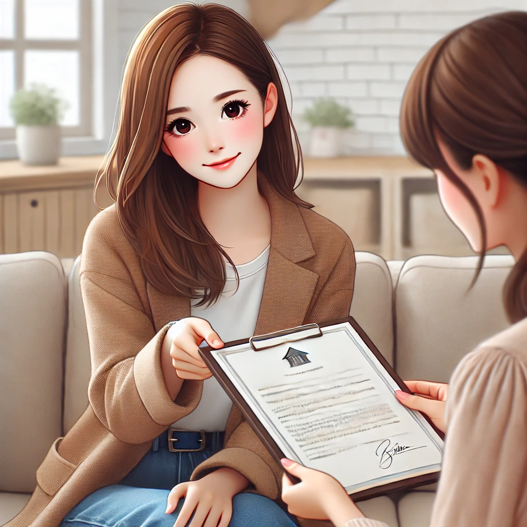 캐주얼한 옷차림의 젊은 여성이 다른 여성에게 문서를 건네고 있는 모습, 상속 지분의 매도를 상징한다