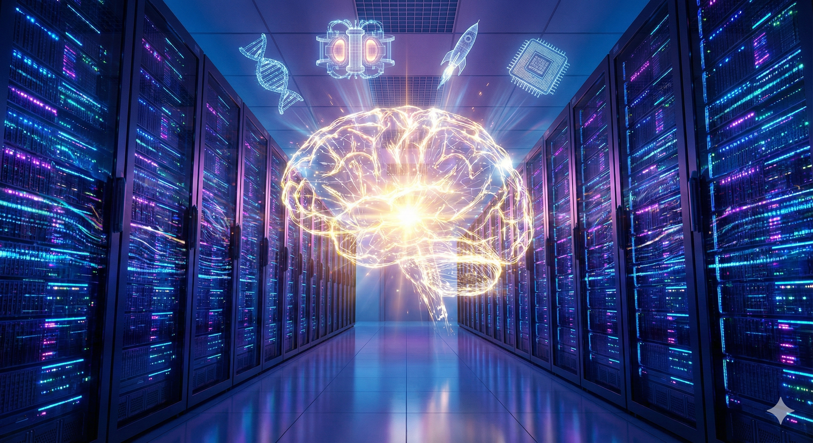 Genesis Mission을 상징하는 이미지로, 데이터 센터의 서버 랙 사이로 거대한 인공지능(AI) 뇌 형상이 빛을 발하고 있습니다. 뇌 상단에는 신약 개발(DNA 이중나선), 핵융합 에너지(토카막 반응로), 우주 탐사(로켓), 반도체(마이크로칩)를 나타내는 네 개의 홀로그램 아이콘이 떠 있어, 정부 데이터와 민간 AI 컴퓨팅 역량의 결합을 통한 첨단 과학 분야의 혁신을 시각적으로 표현합니다.