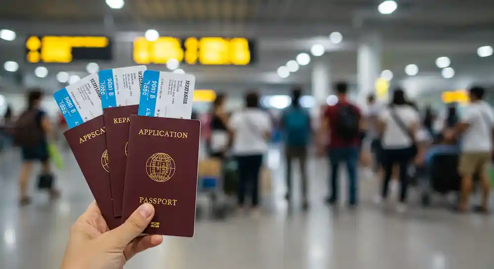 공항에서 여행을 떠나는 가족이 항공권을 발권 받는 모습