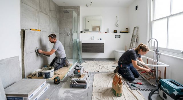 욕실 리모델링 기간 동안 타일 시공과 배관 작업이 진행되는 실제 공사 현장