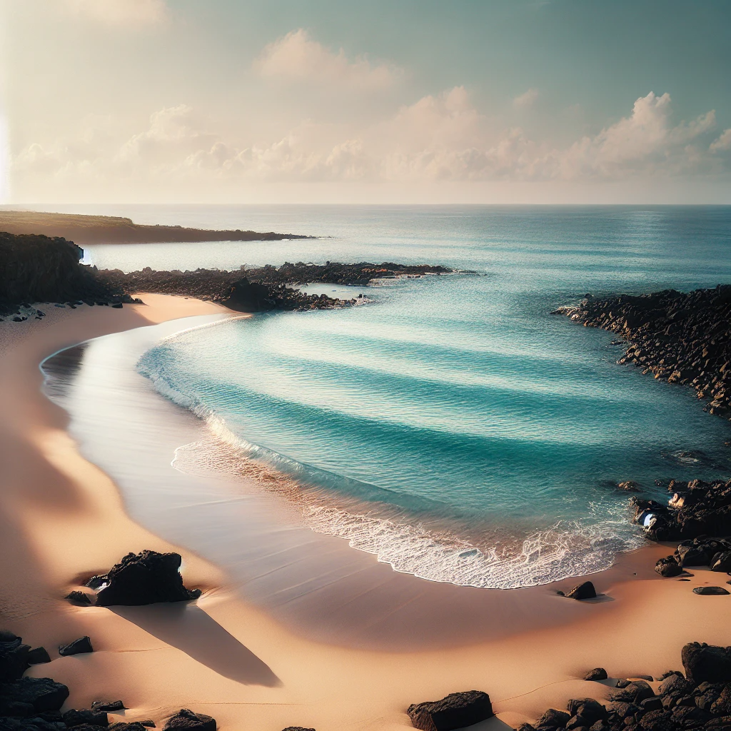 제주도의 고요한 해변, 잔잔한 파도와 맑은 하늘이 어우러진 평화로운 풍경