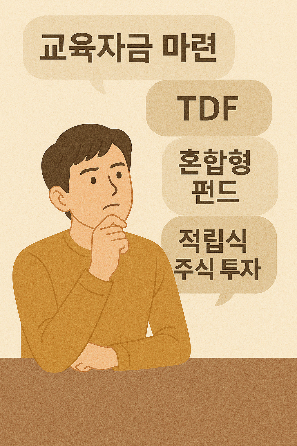 교육자금 마련(ETF, TDF, 혼합형 펀드, 적립식 주식 투자)에 대해 고민하는 사람 모습