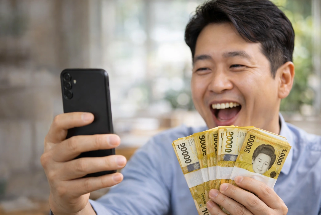 휴면예금과 보험금 환급을 확인하고 스마트폰을 보며 기뻐하는 40대 남성과 현금 다발