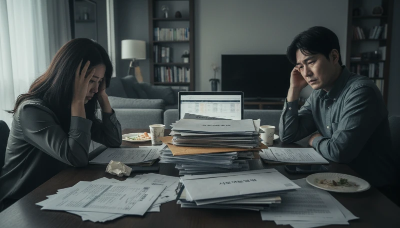 이혼 소송 서류 앞에서 고민하는 부부의 모습, 복잡한 이혼 절차와 비용 부담을 상징.