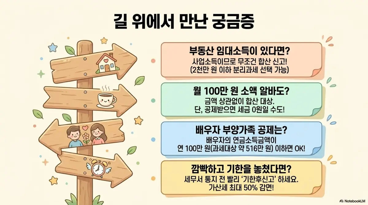 공무원연금 종합소득세: 자주 묻는 질문 4가지를 나무 이정표로 시각화한 이미지. 부동산 임대소득이 있다면 사업소득으로 무조건 합산 신고해야 하고 2천만 원 이하 분리과세 선택 가능하다는 점과 월 100만 원 소액 알바도 금액 상관없이 합산 대상이며 공제받으면 세금이 0원일 수 있다는 점과 배우자 부양가족 공제는 연금소득금액이 연 100만 원 이하 즉 과세대상 약 516만 원 이하이면 가능하다는 점과 깜빡하고 기한을 놓쳤다면 세무서 통지 전 빨리 기한후신고하면 가산세 최대 50퍼센트 감면된다는 내용을 안내함