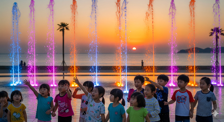다대포 꿈의 낙조분수 체험 중인 아이들